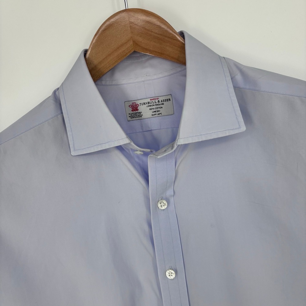 Turnbull & Asser French Cuff Dress Shirt Men 16 35 Blue Bespoke French Cuff FLAW